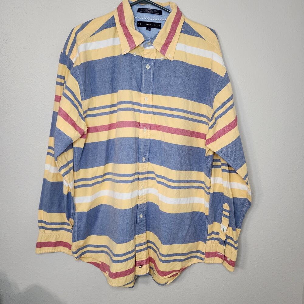 Tommy Hilfiger Button Down Long Sleeve Shirt Mens XL Yellow Blue Striped